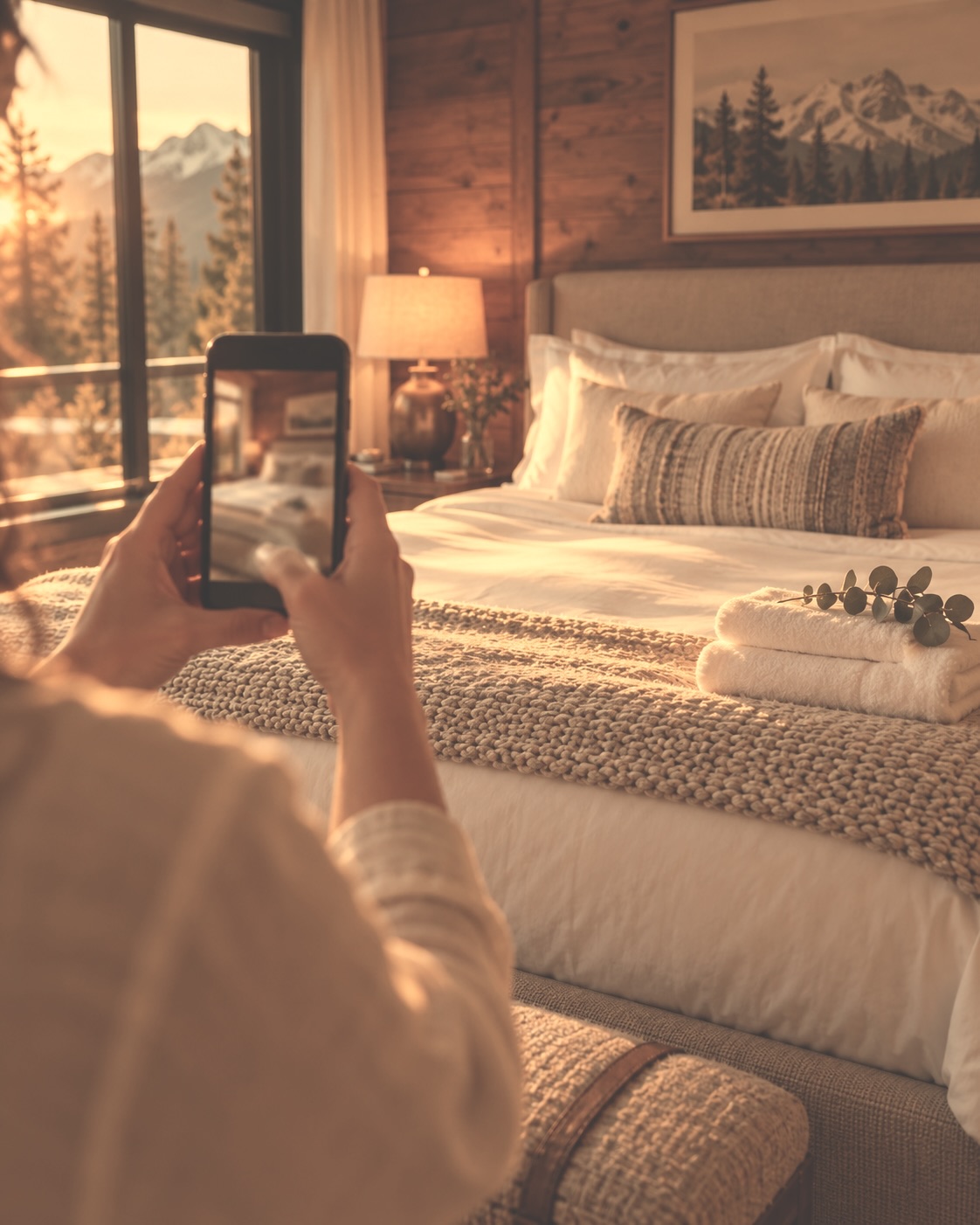 A phone photographing a made bed with folded towels before the next guest arrives