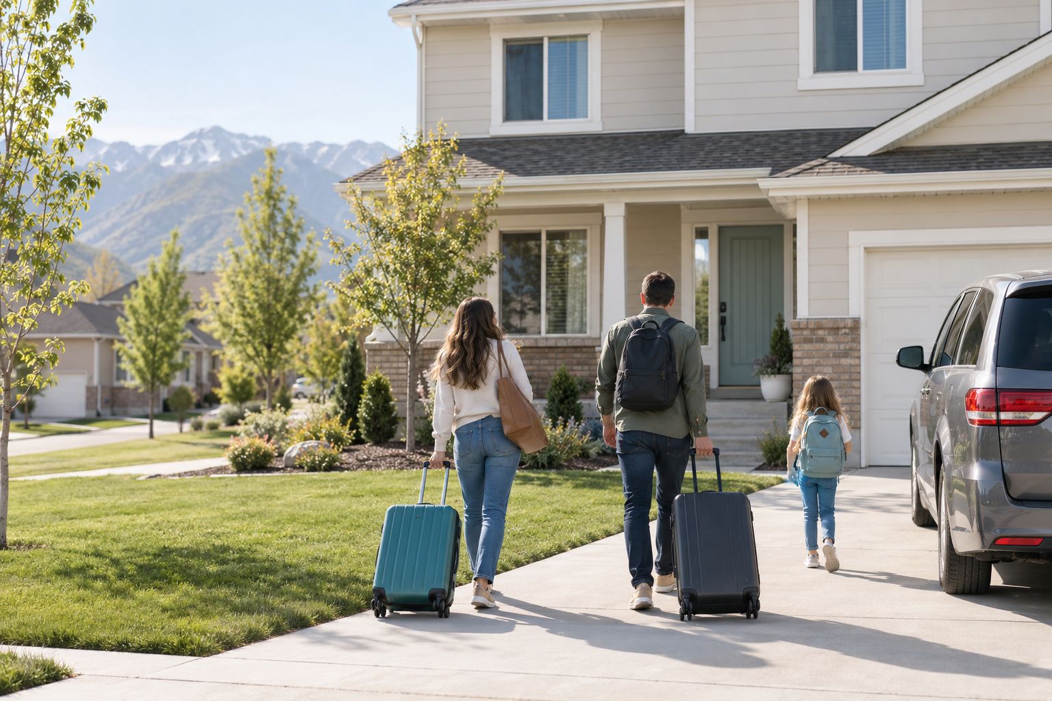 A family of guests rolling suitcases up the driveway of a two-story family home