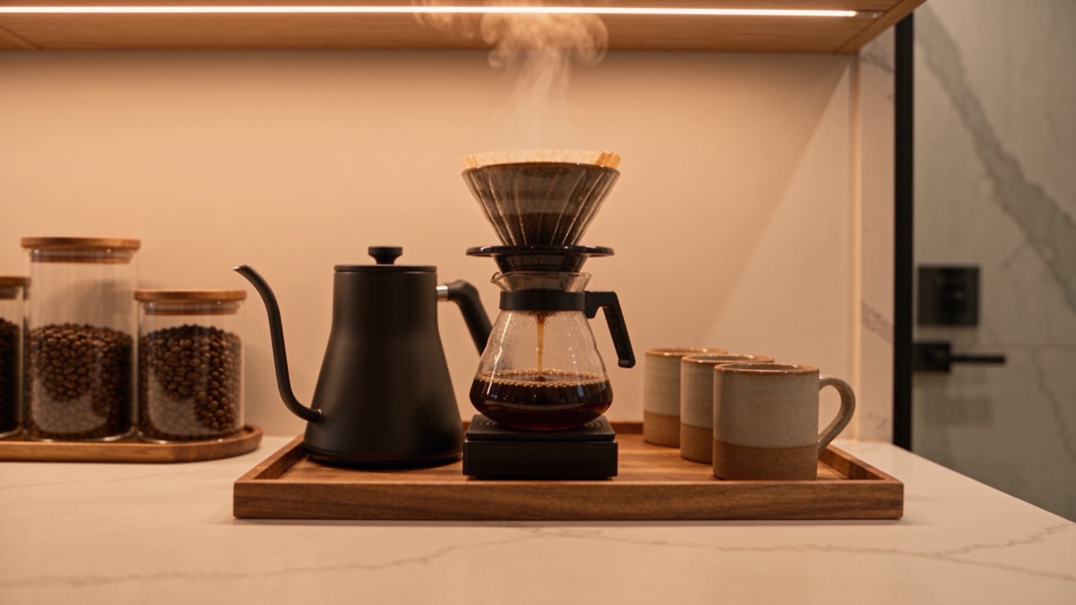 Coffee station stocked with beans and ceramic mugs