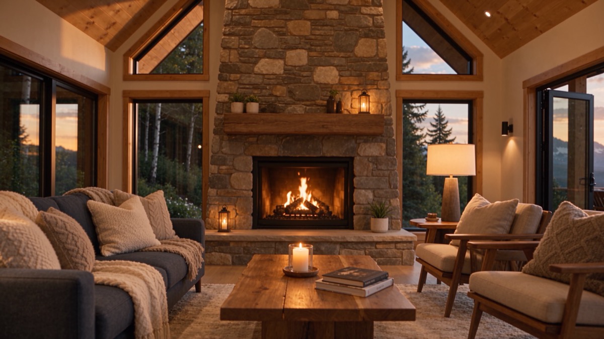 A living room with a stone fireplace and knit throws